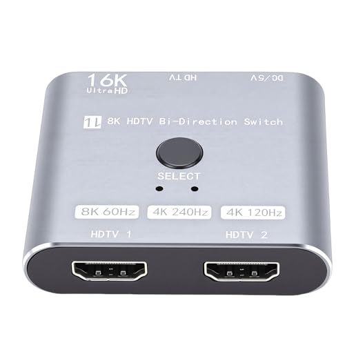 Denash Conmutador de Interfaz Multimedia HD 2.1, 2 en 1 Salida Bidireccional 16K 60Hz 8K 120Hz 4K 240Hz 48Gbps, con HDR10+ Dynamic HDR VRR ALLM, para Juegos PC TV
