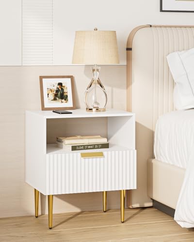 AEPOALUA Nightstand, Bedside Table with Gold Frame,White Night Stand, End Table with Drawer and Shelf, Mid Century Modern Bedside Table, Dresser for Bedroom,Living Room