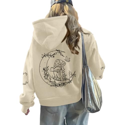 Weripoah Graphic Hoodies for Women Mushroom Moon Sweatshirt Oversized Hoodie Gothic Vintage Sweatshirt Print Tops(Apricot L)