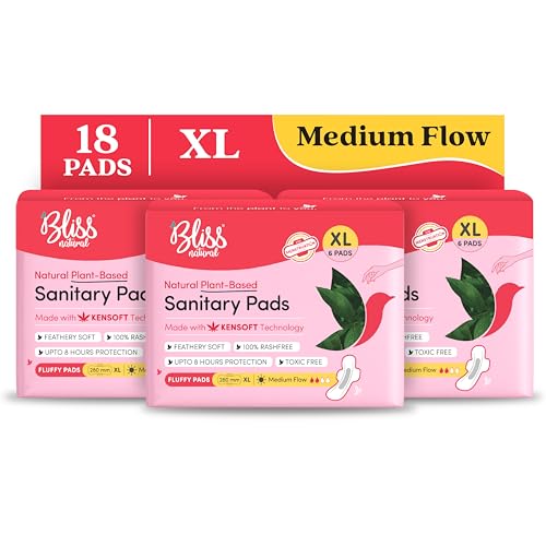 Image of BLISSNATURAL Ultra Soft Sanitary Pads for Women XL | 18 Pads (3 Pack of 6) | Medium Flow | 280mm Extra Coverage | All Day Comfort, Rash-Free & Leakproof | Plant-Based