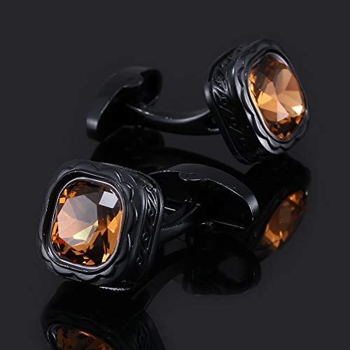 Mancuernillas para hombre negras con cristal ámbar cuadrado miniatura 2