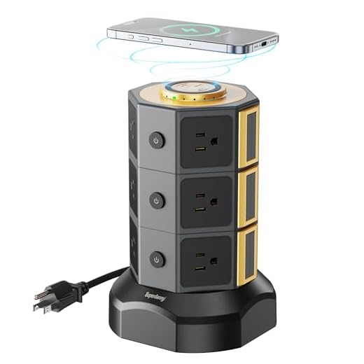Power Strip Tower, SUPERDANNY Surge Protector Tower with 15W Magnetic Wireless Charger, 1050J, 13A Charging Station with 12 AC Outlets & 6 USB Ports, 6.5ft Extension Cord for Home Office, Gold