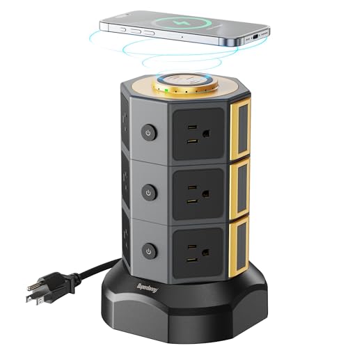 Superdanny Power Strip Tower with 15W Wireless Charger - 12 AC Outlets, 6 USB Ports - Gold