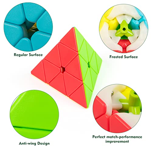 Image of Stickerless Pyraminx Speed Cube with Stand & Guide for Kids & Adults | Smooth-turning STEM puzzle with display stand. Great for classrooms, travel, office desks, gifts and brain training.
