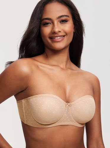 Image of DOBREVA Women's Mesh Strapless Bra Sheer Unlined See Through Underwire Bras Plus Size