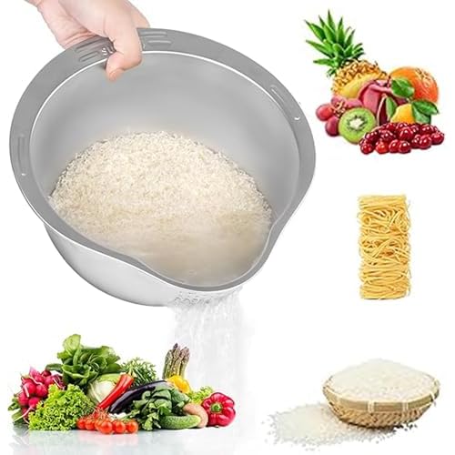 Reis Waschschüssel aus Edelstahl, Lebensmittelechtes Sieb Reis mit Ausgießer, Multifunktionales Nudelsieb Edelstahl Sieb Küche zum Waschen & Abtropfen von Quinoa, Obst, Gemüse, Getreide, Bohnen