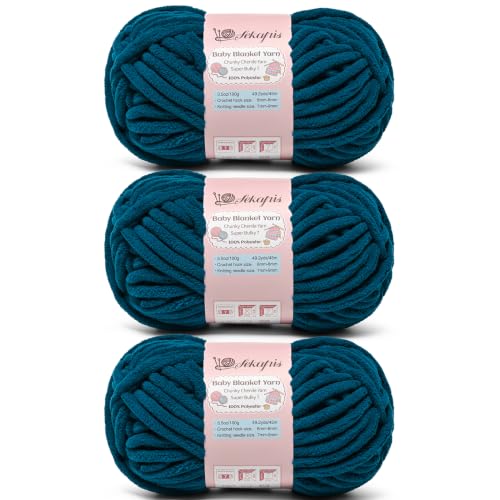 Image of 10.58 oz /147.6 yds Chunky Chenille Yarn for Crocheting, #7 Super Bulky Baby Blanket Yarn for Crocheting Soft, Fluffy Velvet Yarn for Knitting, Amigurumi Crochet Yarn for Crafts (3 Denim Blue)