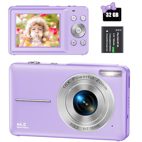 Digitalkamera 44MP 1080P FHD Fotokamera Kompaktkamera 16X Digitalzoom Fotoapparat mit 32GB Speicherkarte, Digital Kamera für Kinder, Teenager, Anfänger, Jungen, Mädchen(Lila)