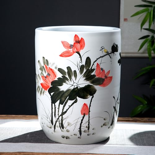 青と白の磁器装飾植木鉢 セラミックプランターポット 排水穴と受け皿付き 盆栽植物用 花 アロエ 屋内ホームデコレーション 13 * 16.5インチ 蓮
