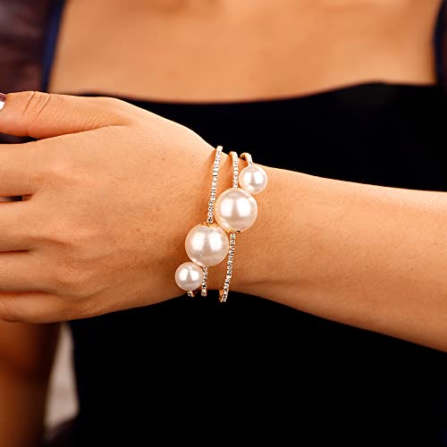 Xerling Big Pearl Bracelets Multi Layered Gold Rhinestones Hand Bracelets for Women Dainty Crystal Hand Jewelry for Wedding Bridal Statement Hand Chain Bracelets (Type B-Gold)2