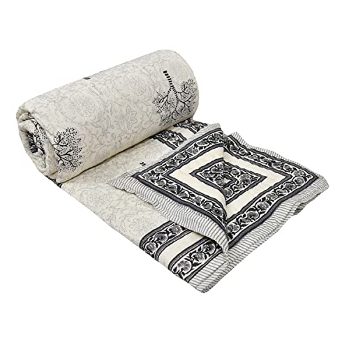 BLOCKS OF INDIA Hand Block Printed Cotton King Size Quilt/Rajai (90 Inch X 108 Inch, Grey Tree), Skin Friendly
