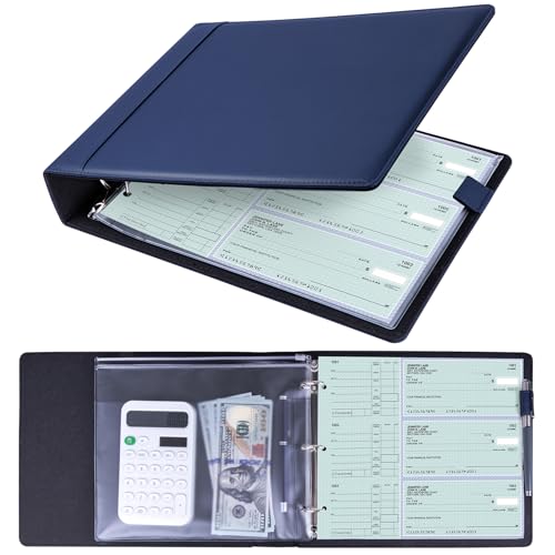 Antner 3 Ring Personal Check Binder for 3-on-a-Page End-Stub Deskbook & Personal 3 Holes or 9 Holes Small Size Checks PU Leather Check Holder Checkbook Binder Cover with Zipper Pouch Navy Blue