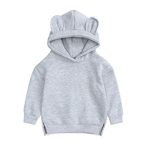 QLIPIN Unisex Toddlers Hooded Sweatshirt Solid Colors Sweater Baby Cartoon 3D Ear Hoodie Long Sleeve Shirt Cotton Tops Grey