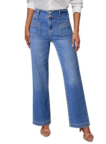 Sidefeel Women's High Waisted Tummy Control Jeans Trendy Wide Leg