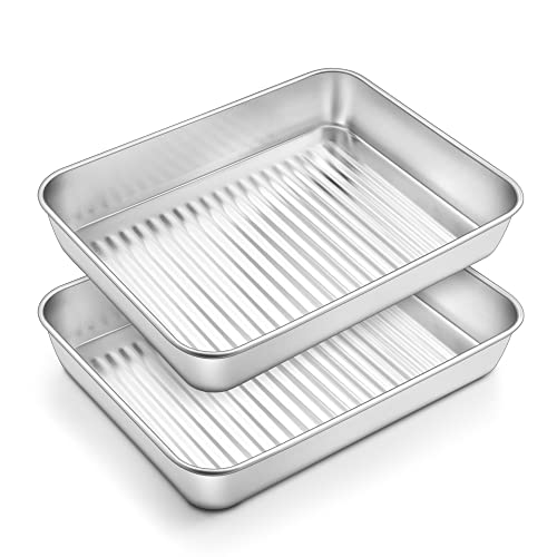 Teamfar Rectangular Cake Pan Set Of 2, Stainless Steel 10.5 X 8.2 X 1.9 Inch Lasagna Pan For Roasting Baking, Healthy & Heavy Duty, Corrugated Bottom & Smooth Surface, Deep Side & Dishwasher Safe #TOP27