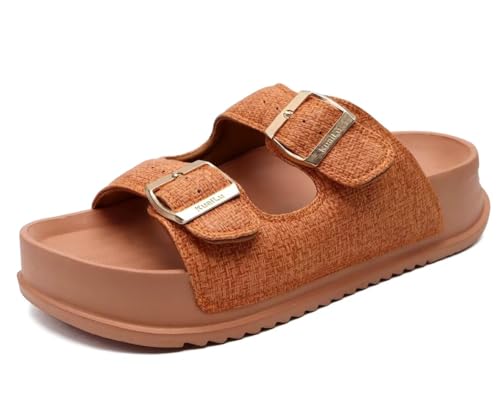 KuaiLu Womens Sandals with Arch Support Comfortable Slippers Orthopedic Cushion Recovery Slides Summer Fashion Leather Buckle Casual Plantar Fasciitis Shoes for Indoor&Outdoor Size Khaki 10