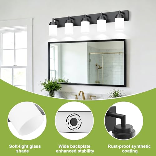 Image of Bathroom Light Fixtures, Matte Black Bathroom Lighting Fixtures Over Mirror, Modern Vanity Light with White Glass Shade, Restroom Lighting Fixtures, 5-Light 36-inch
