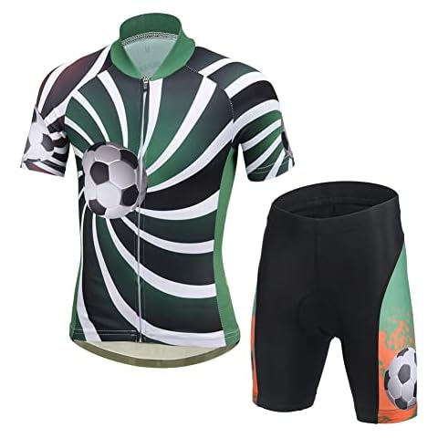 LCIGIA Kinder Fahrrad Trikot Set Jungen Radtrikot Schnell Trocknend Fahrradtrikot Mädchen Atmungsaktiv Kurzarmtrikot + Kurz Radhose mit 3D Sitzpolster Radsport Anzüge, Grün+Fußball, 146 Cover