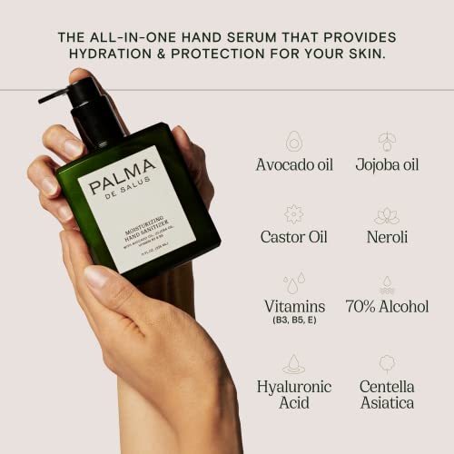Palma de Salus 2-in-1 Home-size Moisturizing Hand Sanitizer & Hand Lotion | Avocado Oil, Jojoba Oil, Hyaluronic Acid, Centella Asiatica, Castor Oil | Neroli Scent | 70% Alcohol |11oz