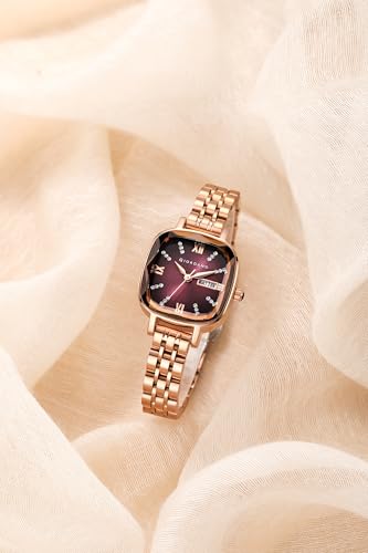 Image of Giordano Elegant Square Rose Gold Watch for Women - Crystal & Roman Hour Markers, Day-Date Display, Stainless Steel Strap