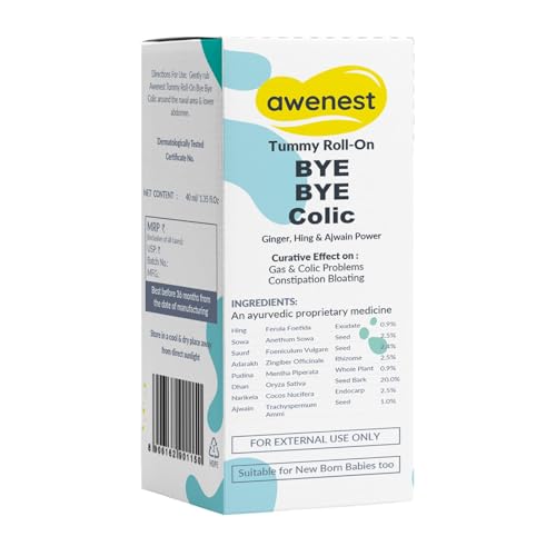 Image of Awenest Baby Tummy Roll-On for Babies | Helps Ease Gas, Colic, Constipation & Indigestion | Ayurvedic External Care with Ginger, Hing & Ajwain | Dermatologically Tested | 40ml