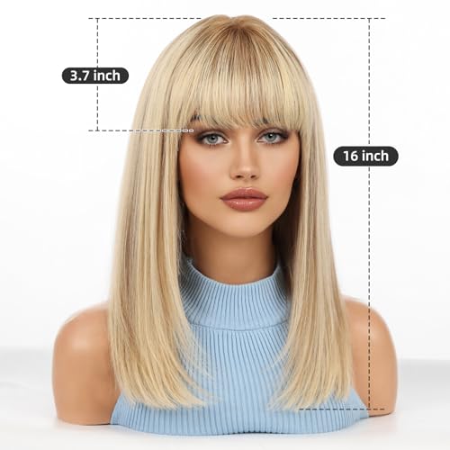 Image of KKU 16 Inch Human Hair Wig,Human Hair Wigs,Human Hair Wig With Bangs, Lady Wigs Human Hair, Real Hair Wigs For Women