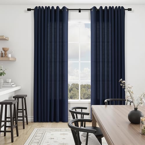 Image of Extra Long Navy Blue Linen Curtains 120 Inches Length for Living Room Grommet 2 Panels Set Dark Blue Sheer Window Curtain for Boys Bedroom,Farmhouse Boho Privacy Chinoiserie Decor Drapes 52x120
