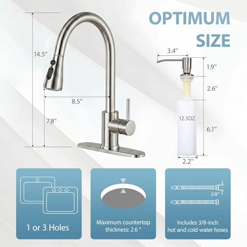 KINGO HOME Kitchen Faucet with Soap Dispenser: 304 Stainless Steel Kitchen Sink Faucets with Pull Down Sprayer 3 Modes, Single Handle High Arc Mixer Taps for Sink, RV, Laundry, Bar (Brushed Nickel) by KINGO HOME - Used condition - Image 3