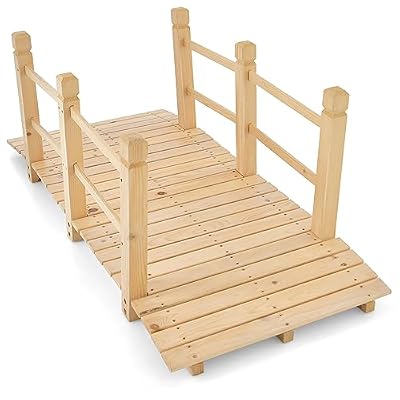 Tangkula 5 FT Wooden Garden Bridge, Arch Stained Finish Footbridge with Double Safety Rails, Outdoor Fir Construction Decorative Bridge Walkway for Backyard, Gravel Road, Creek, Farm (Natural Wood)