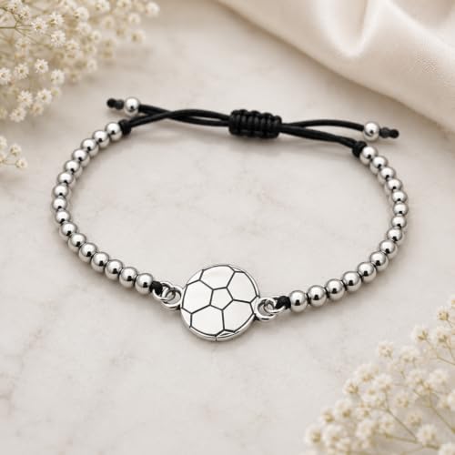 Image of Sportybella Soccer Bracelet, Soccer Jewelry, Adjustable Silver Beads on Black Strings Soccer Bracelet, Soccer Gifts For Women