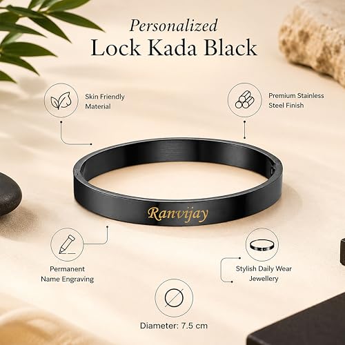 Image of SAVRI Personalized Stainless Steel Lock Kada /Braclet With Your Name Or Small Positive Inspirational Quote Or Message Engraved | Ideal Gift For All Occasions.
