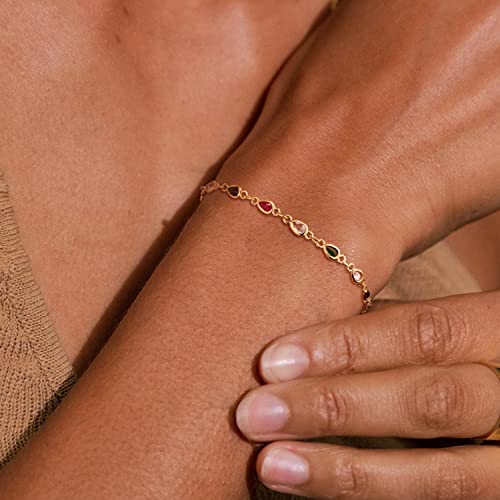 MEVECCO Gold Multi Color Teardrop Bracelet,14K Gold Plated Multicolor CZ Chain Bracelets Dainty Minimalist Handmade Link Bracelet for Women4