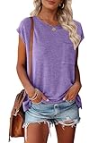 MEROKEETY Women's Casual Cap Sleeve T Shirts Basic Summer Tops Loose Solid Color Blouse, Lavender, X-Large