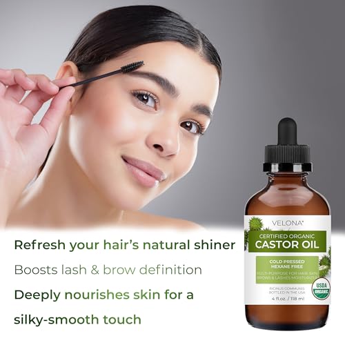 velona USDA Certified Organic Castor Oil - 4 fl oz (With Dropper) | For Hair, Boost Eyelashes, Eyebrows | Cold pressed, Natural Oil USP Grade | Hexane Free