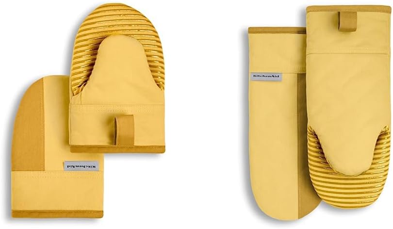 KitchenAid Beacon Two-Tone Non-Slip Mini Oven Mitt Set, Majestic Yellow, 5.5"x8", 2 Piece & Beacon Two-Tone Non-Slip Oven Mitt Set, Majestic Yellow, 5.75"x13", 2 Piece