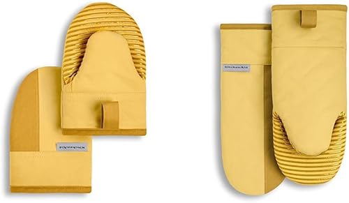 KitchenAid Beacon - Juego de manoplas de horno antideslizantes de dos tonos, amarillo majestuoso, 5.5 x 8 pulgadas, 2 piezas y juego de guantes de