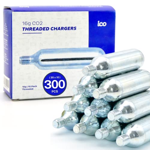 ICO CO2, 300pcs, 16g CO2 Cartridges Threaded, CO2 Cartridges for Use with CO2 Inflator for Bike Tires, C02 Cartridges for MTB & Road Bikes, Food Grade CO2 Cartridges