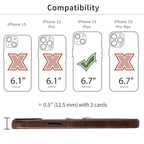 Dockem Card Case for iPhone 15 Plus with Built-in Metal Plate for Magnetic Mounting & 2 Card Holder Pockets: Exec M2 Premium Synthetic Leather Wallet Case (iPhone 15 Plus, Brown) - Thumbnail 2
