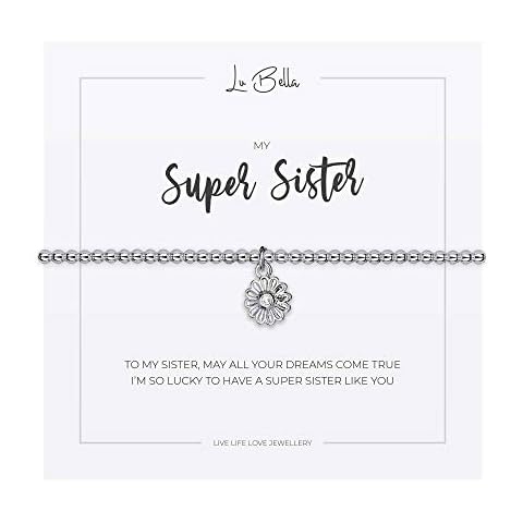 Super Sister Charm Friendship Bracelet - Stackable Jewellery - Beautifully Designed Flower Charm Bracelet - Adjustable Stretchy Silver String Present Jewellery with Charm and Gift Bag by Lu Bella Cover