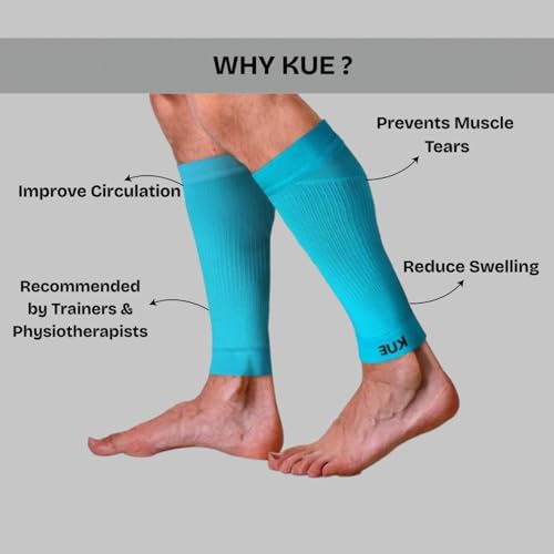 Image of KUE Compression Calf Sleeves for Running, Sports, & Medical Recovery | Graduated Support for Men & Women | Improves Blood Circulation, Reduces Swelling, Pain Relief | UV Protection (Blue, 2 Pairs, M)