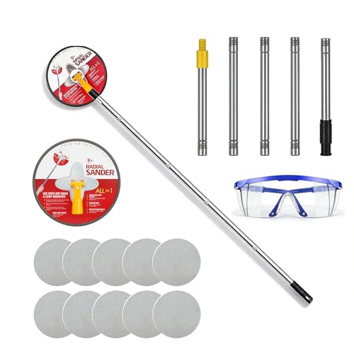 Pole Sander for Drywall & Walls 360 Rotating Sanding Head with Extendable Handle Includes Safety Goggles & 10 Sandpapers (80/100/120/180/240 Grit) for Home Renovation Painting Walls & Ceilings