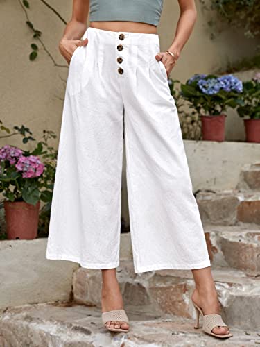 DANCOLOR Button Fly Slant Pocket Wide Leg Pants Casual Comfy High Waist for Women Waisted Business Work Loose Summer