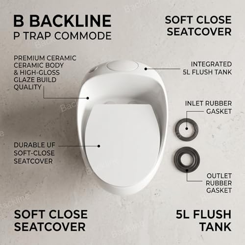 Image of Backline P-Trap Commode Toilet /Western commode /Water Closet With In-build 5L Tank & UF Soft Closing Toilet Seat - P Trap Outlet Is From Wall (White) (7 Years Color Warranty)
