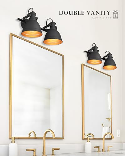 Image of 2-Light Industrial Black Bathroom Vanity Light Over Mirror