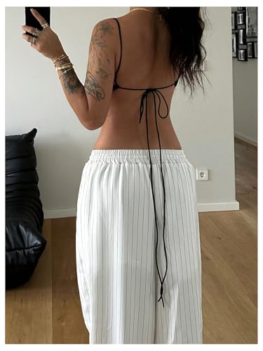 GORGLITTER Women's Y2k Wide Leg Baggy Track Pants Striped Elastic Waisted Drawstring Trousers4