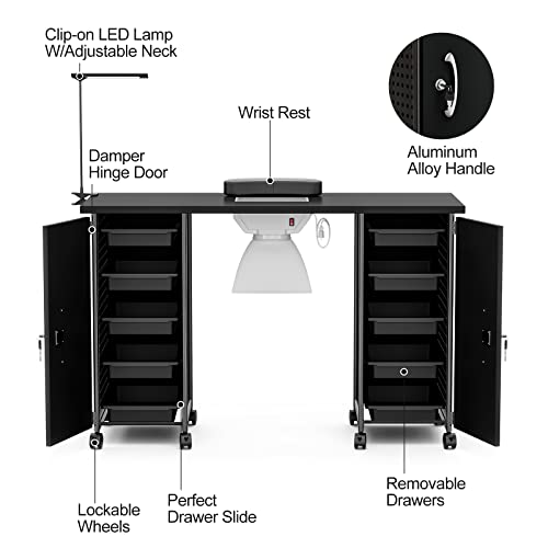 Apelila Professional Manicure Table Nail Desk Beauty Nail Salon Technician Workstation W/Dust Collector,Wrist Rest,Lockable Cabinets,Casters,Led Lamp (Nail Desk With 10 Drawers) #TOP1