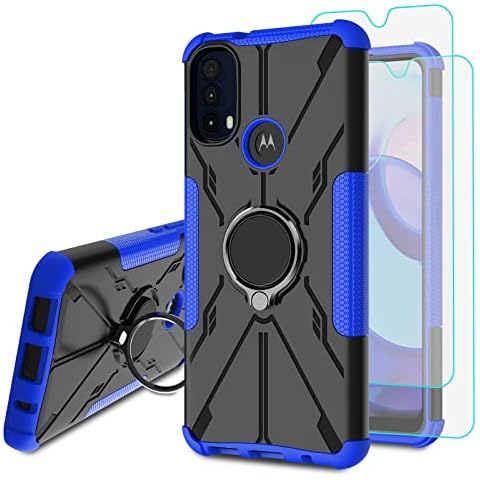 Iokmax Case for Motorola Moto E20 / E30 / E40 with 2 Pack Screen Protector, 360° Magnet Ring Holder Heavy Duty Shockproof Robust Bumper Case for Motorola Moto E20/E30/E40,Blue Cover