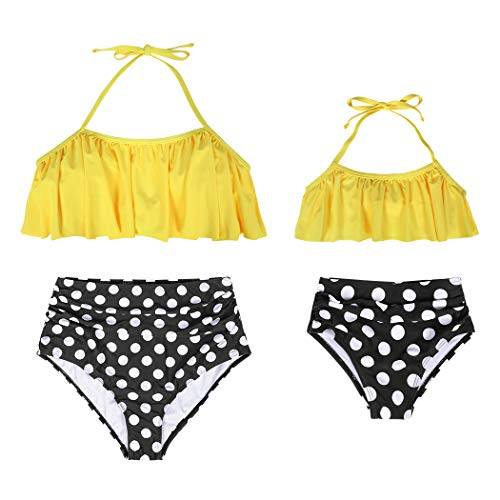 Mother and Daughter Swimwear Family Matching Swimsuit Cute Two Pieces Swimwear High Waist Falbala Bikini Sets Bikini Bathing Suit Beachwear(Large,Yellow-02)