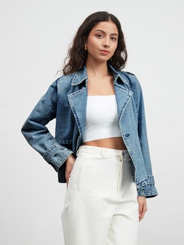 Denim Jacket for Women Lapel Double Breasted Oversized Jean Jacket Fall Casual Trendy Trench Coat with Pockets3