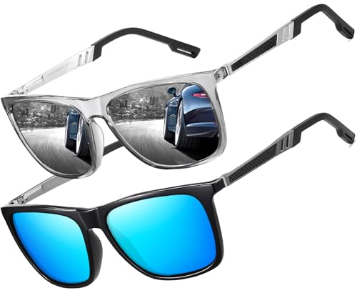 LEDING&BEST Gafas de sol polarizadas para hombre y mujer, marco cuadrado ultraligero con bisagra de resorte para conducir, pesca protección UV400 gafas de sol CAT 3 CE, Juego de 2 (azul+plata)